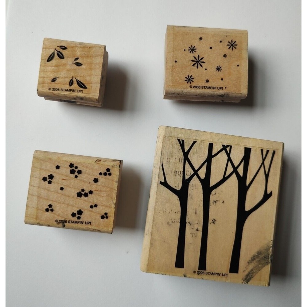 Set of 4 Stampin' Up! 2006 stamps bare trees, leaves, snowflakes, flowers